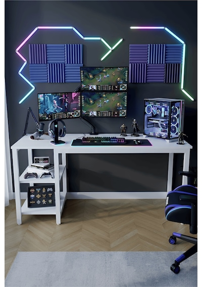 Reflekta Raflı Oyuncu Masası 60x160 Cm. Gaming Masa Demonte Beyaz-beyaz