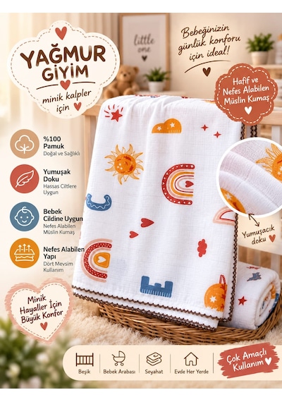 Yağmur Giyim Berço Desenli Müslin %100 Pamuk Bebek Battaniyesi 80 90 Ölçülerinde 0-12 Ay 875/2 Kahverengi