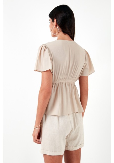 Lela Pamuklu Regular Fit Nakış Işlemeli Püsküllü Bayan Bluz 611Bz0282 Bej