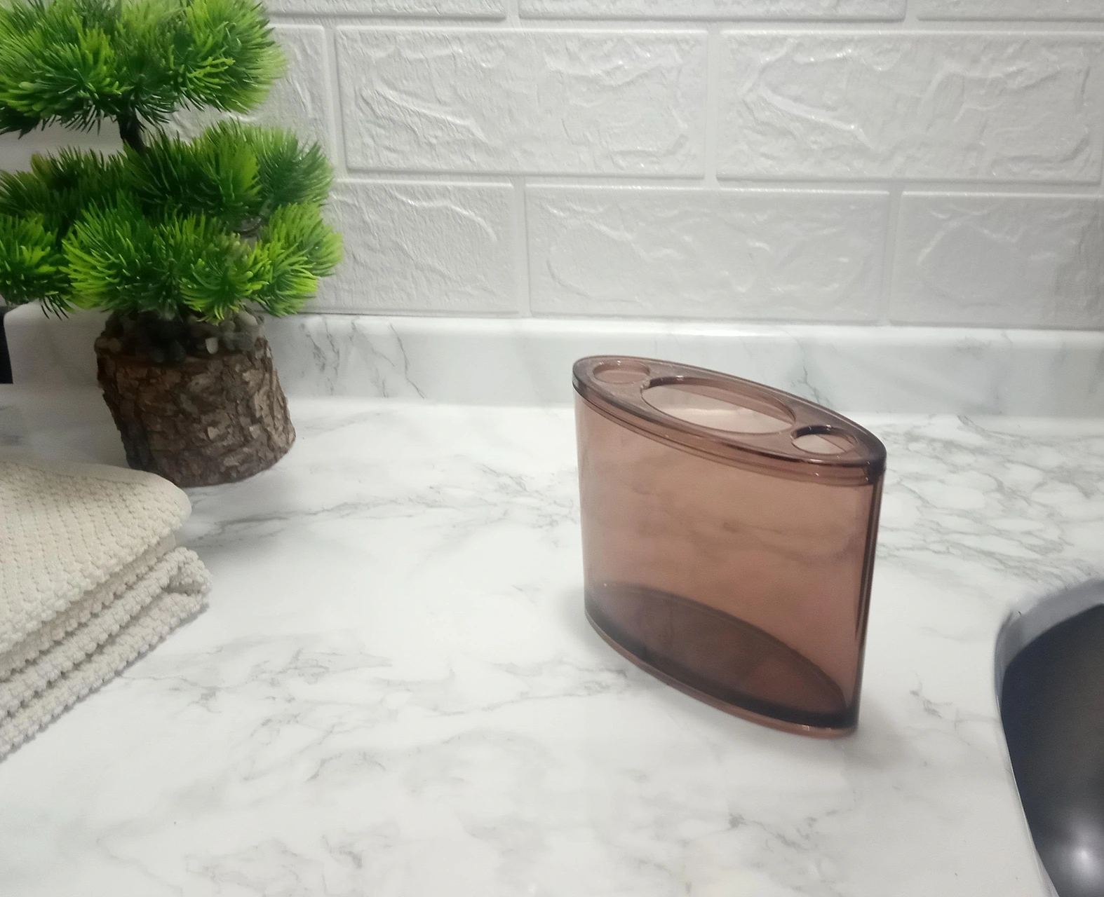 2 Adet Diş Fırçalık Oval Kahverengi Akrilik 13x5x10cm Banyo Seti Çok Renkli
