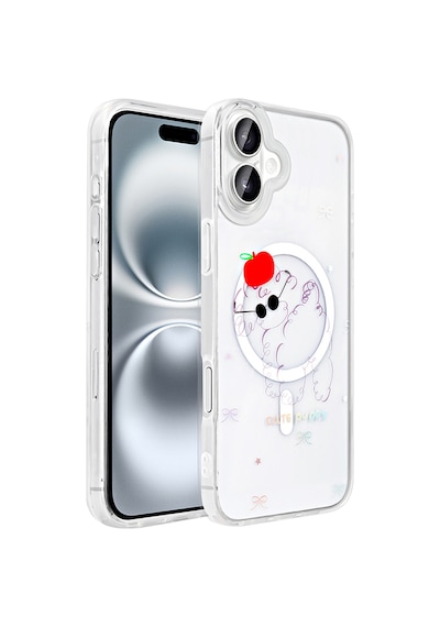Techaks Apple Uyumlu iPhone 16 Plus Kılıf M-safe Şarj Özellikli Şeffaf Zore Folk Sert Kapak - Sevimli Köpek Beyaz