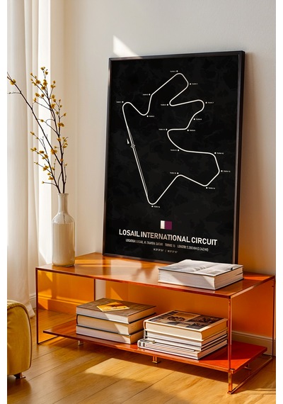 Losail F1 Pisti Ahşap Çerçeveli Tablo Katar Gp Dekor Poster Siyah