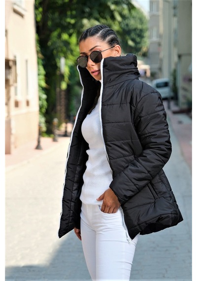 Keyifli Moda Kadın Siyah Dik Yaka Su Geçirmez Uzun Şişme Mont