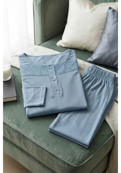 Aura Collections Kadın Dantelli Bambu Viskon Uzun Kollu Mevsimlik Soft Örme Pijama Takımı Turkuaz
