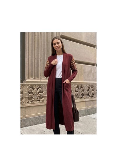 Onno Style Women Kilim Desen Uzun Triko Kadın Hırka Bordo
