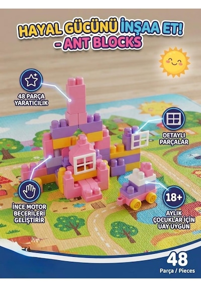 TıfılToys Vakumlu 48 Parça Pastel Renk Eğitici Yaratıcı Blok Seti Motor Geliştirici Montessori Oyuncak