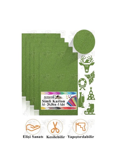 Simli Karton A4 20x30 Cm 5 Li 1 Paket Simli Fon Kartonu Parıltılı Kağıt Anasınıfı Kreş Etkinlik Proje Dekoratif Yeşil