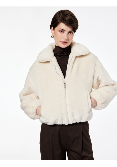 Koton Uzun Kollu Cepli Fermuarlı Crop Peluş Bomber Ceket Ekru 6wak00130ew Ekru