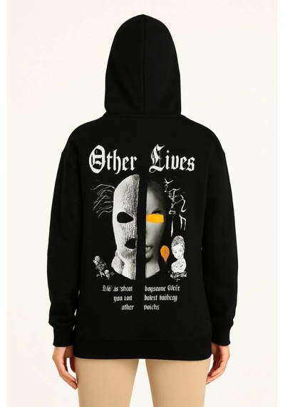 Etiler Collection Üç İplik Kapşonlu Ön Ve Arka Baskılı Sweatshirt Hoodie- Siyah