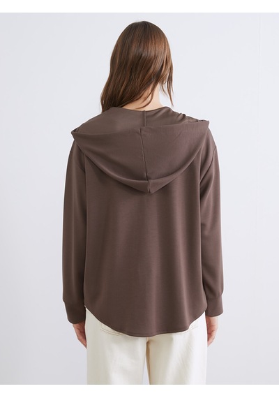 Lcw Everyday Kahverengi Kapüşonlu Oversize Kadın Fermuarlı Sweatshirt