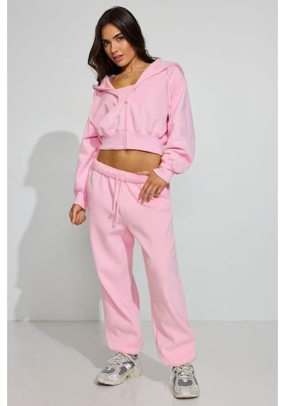 Pembe Crop Kapşonlu Fermuarlı Kadın Sweatshirt Mg2608 Pembe