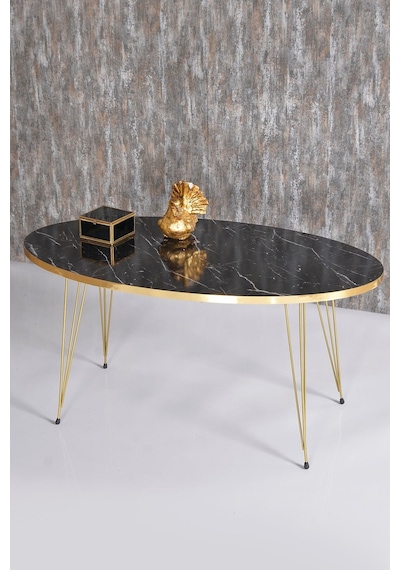 Zigon Sehpa Ve Orta Sehpa Elips Set Gold Tel Siyah Mermer Desen