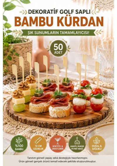 50 Li Dekoratif Golf Saplı Bambu Kürdan 12cm Kanepe Parti Davet Sunum Kokteyl Aperatif Kürdan Seti