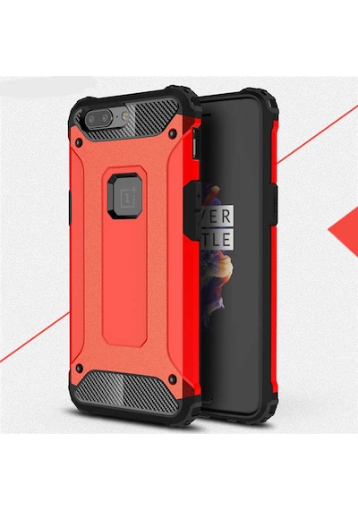 Kilifone - One Plus 5 Uyumlu - Kılıf Çift Katman Koruyucu Crash Military Tank Kılıf - Kırmızı Kırmızı