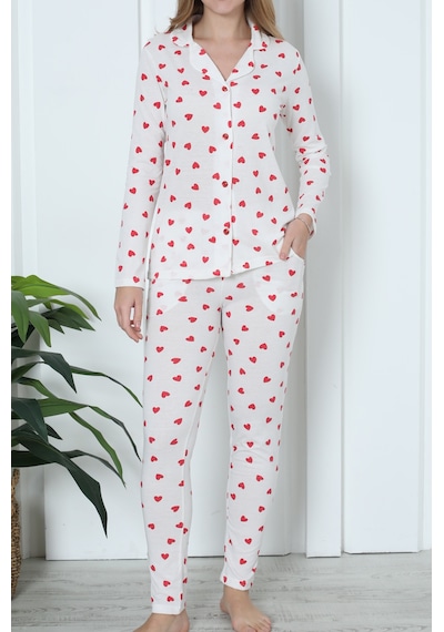 Lady Secret Kadın Düğmeli Pijama Takımı Uzun Kollu Cepli Kalpli Sevgililer Günü Beyaz
