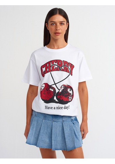 Dilvin Baskılı Ve Pamuklu T-shirt Beyaz