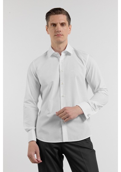 İmza Beyaz Uzun Kol Sert Yaka Düz Pamuklu Slim Fit Gömlek 1004260059