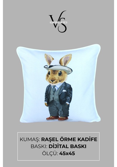 Kırlent Kılıfı Tavşan Desenli 45x45 Raşel Örme Kadife Çift Taraflı Dijital Baskı Beyaz Biyeli 04 Beyaz