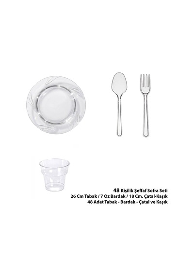 Omeyva 26 Cm. Şeffaf Plastik Sorfa Piknik Seti - 48 Kişilik Tabak Bardak Çatal Kaşık Takımı