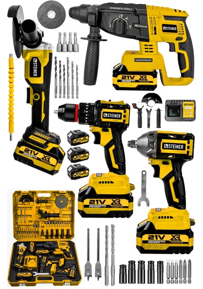Steiner 21v Darbeli Kömürsüz Kırıcı Delici Hilti & Taşlama & Matkap & Somun Sıkma Sökme 4'lü Set Sarı
