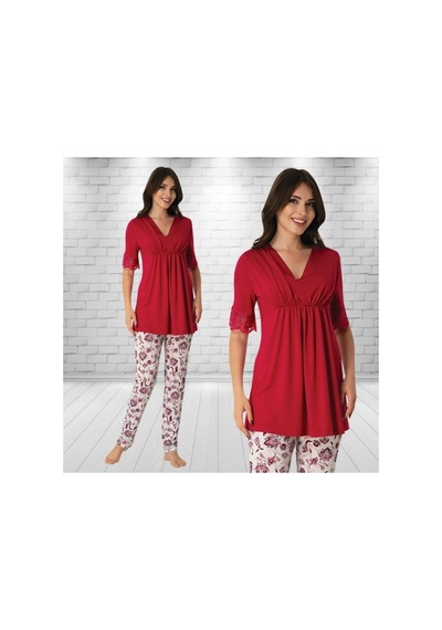 Hamile Çarşısı Effort V Yaka Vişne Lohusa Pijama Takımı 8028 Vişne