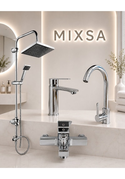 Krom Robot Duş Seti Kare Banyo Bataryası-lavabo-mutfak Bataryası 4'lü Set Lüx Tasarım Premium Batarya
