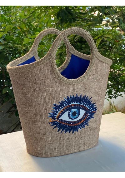 Jüt Hasır Mavi Nazargöz Plaj Çantası Mavi