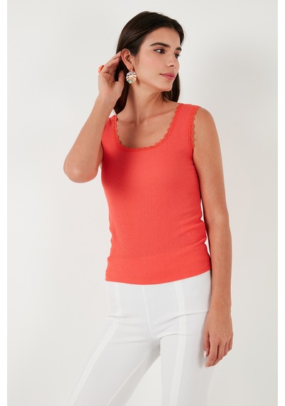 Lela Slim Fit Kalın Askılı Dantelli Kare Yaka Bürümcük Bayan Atlet 5864979 Nar Çiçeği