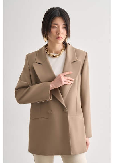Mizalle Oversize Çift Yırtmaçlı Bej Blazer Ceket Bej