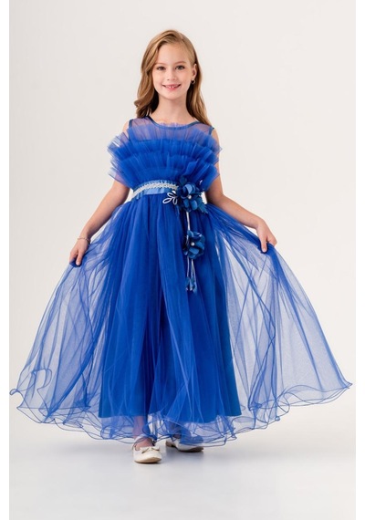 Mnk Baby & Kids Kız Çocuk Robası Katlı Özel Gün Abiye Elbise Mnk0475 Saks Mavi