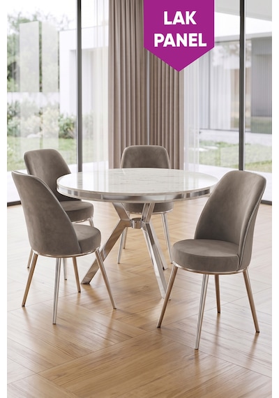 Natre Serisi 90x90 Lak Panel Beyaz Mermer Desen Krom Ayaklı Mutfak Masası Takımı Ve 4 Sandalye Beyaz Mermer Masa Cappucino Sandalye Natre Serisi 90x90 Lak Panel Beyaz Mermer Desen Krom Ayaklı Mutfak Masası Takımı Ve 4 Sandalye Beyaz Mermer Masa Cappucino Sandalye