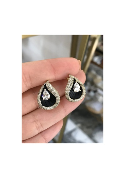 Taş Detaylı Siyah Damla Model Küpe