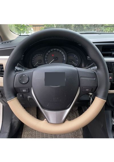Toyota Corolla Çift Renk Koyu Bej Desen Dikmeli Deri Direksiyon Kılıfı Siyah