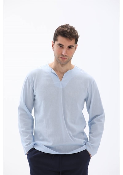 Büyük Beden Uzun Kol Şile Bezi Bisiklet Yaka Erkek Tshirt Buz Mav