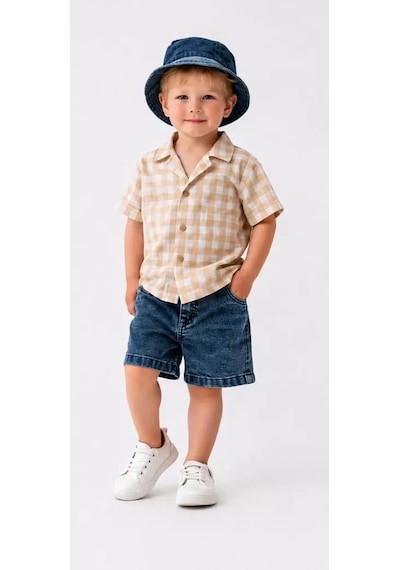 Veraura Lifestyle 2/6 Yaş Denim Şapkalı Şortlu 3lü Çocuk Takımı Bej