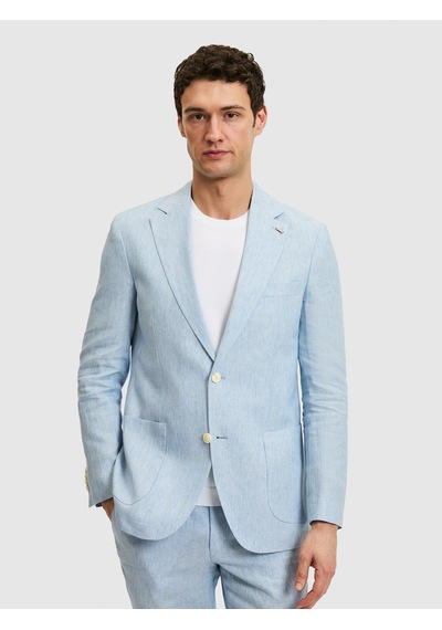 Cacharel Açık Mavi Slim Fit %100 Keten Mikro Desen Mono Yaka Ceket Denim