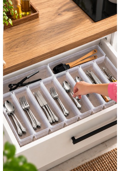 Porsima 0382 Modüler 10'lu Çekmece İçi Organizer Seti 30x7.5 Cm - Çatal Bıçak & Ev Düzenleyici Şeffaf