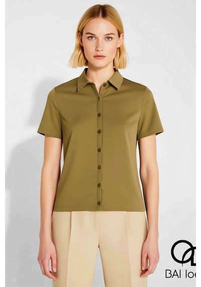 Benerly Kadın Bluz Crop Polo Yaka Kısa Kol Düğmeli Fitted Penye Süprem Ör Açık Haki