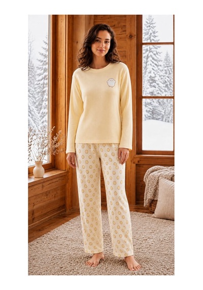 Pemilo Kadın 8811-8 Berlin Uzun Kol Sıfır Yaka Pijama Takım sari