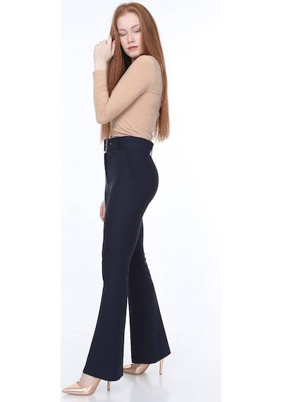 Bluence Beli Kemerli Ispanyol Paça Lacivert Kumaş Pantolon Lacivert