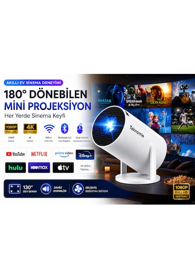 Teknomie Mini Projeksiyon Cihazı 1080p Full Hd Wifi 6 Bluetooth 5.2 180 Döner Akıllı Projektör