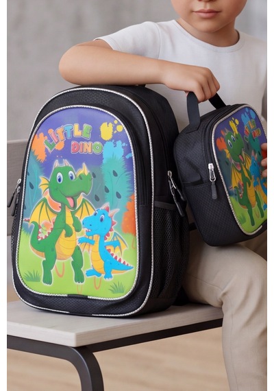 Little Dino Beslenme Çantalı İlkokul Ve Anaokulu Sırt Çantası Seti Ergonomik Çocuk Okul Çantası Siyah