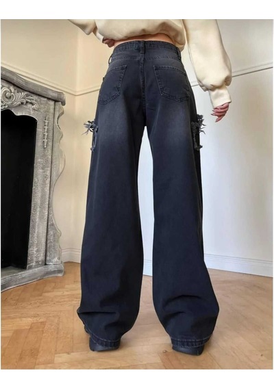 2424 Kadın Yıldız Detaylı Baggy Jeans Kot Denim Pantolon Siyah