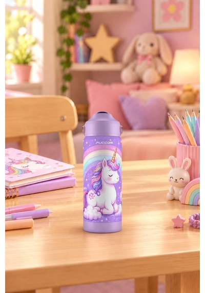 Puccon 540 Ml Unicorn Desenli Lila - Pembe Kız Çocuk Pipetli Çelik Termos Matara/suluk - 60043