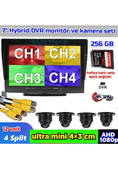 7'' Hybrid Dvr Ekran 4 Adet 150 Derece Ultra Mini Ahd Kamera Set