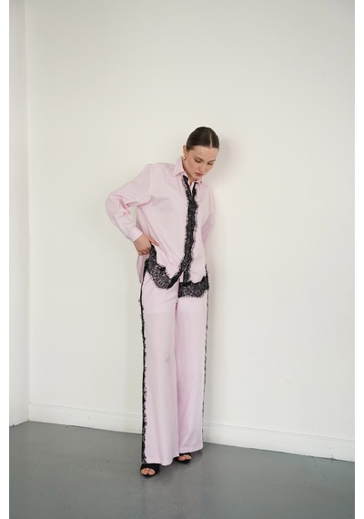 Verymoda Dantel Detaylı Çizgili Pantolon F2083 Pembe