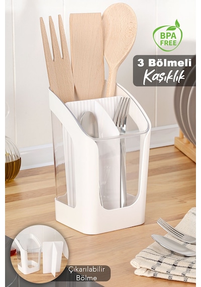 3 Bölmeli Tezgah Üstü Kaşıklık - Çıkarılabilir Bölmeli Kaşık Bıçak Standı Mutfak Organizer Beyaz