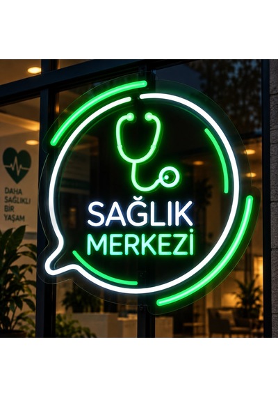 Sağlık Merkezi Neon Led Tabela Klinik Muayenehane Poliklinik Işıklı Pleksi Tabela