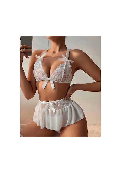 Mentra Online Özel Tasarım Beyaz Dantelli Fiyonklu Şık Babydoll