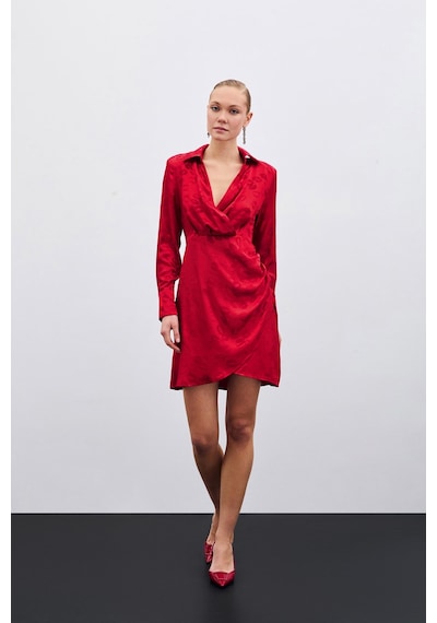 Sateen Desenli Kruvaze Elbise - Kırmızı-135583 Kırmızı